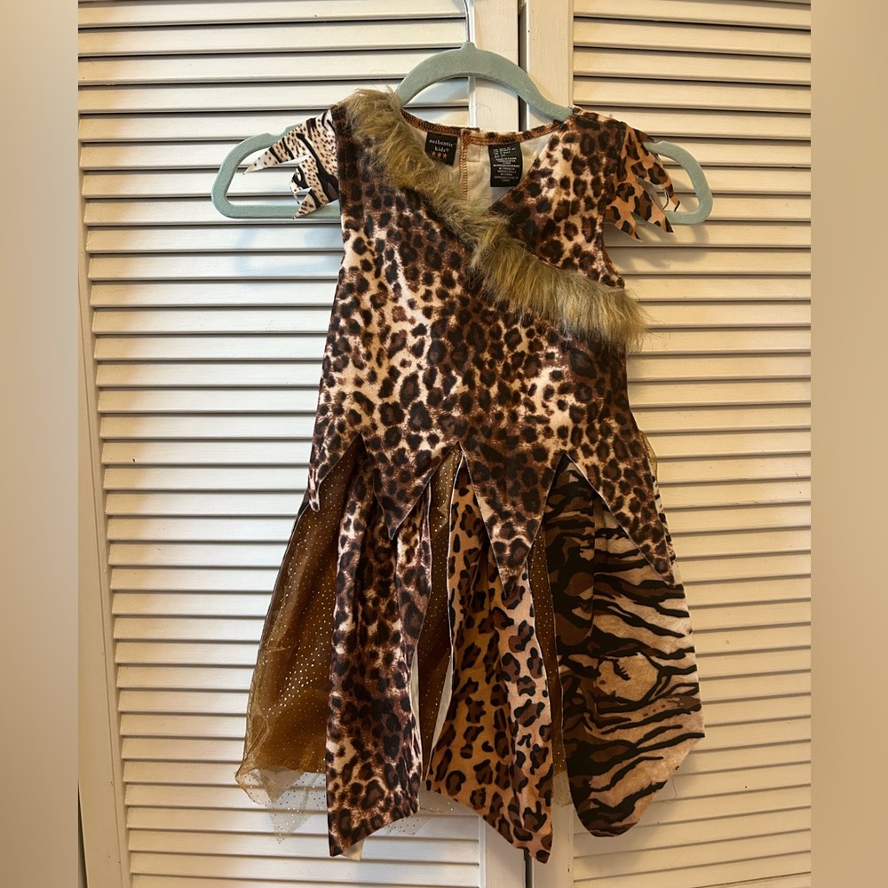 Girls caveman jungle animal print dress costume necklace & headband Size 5-6